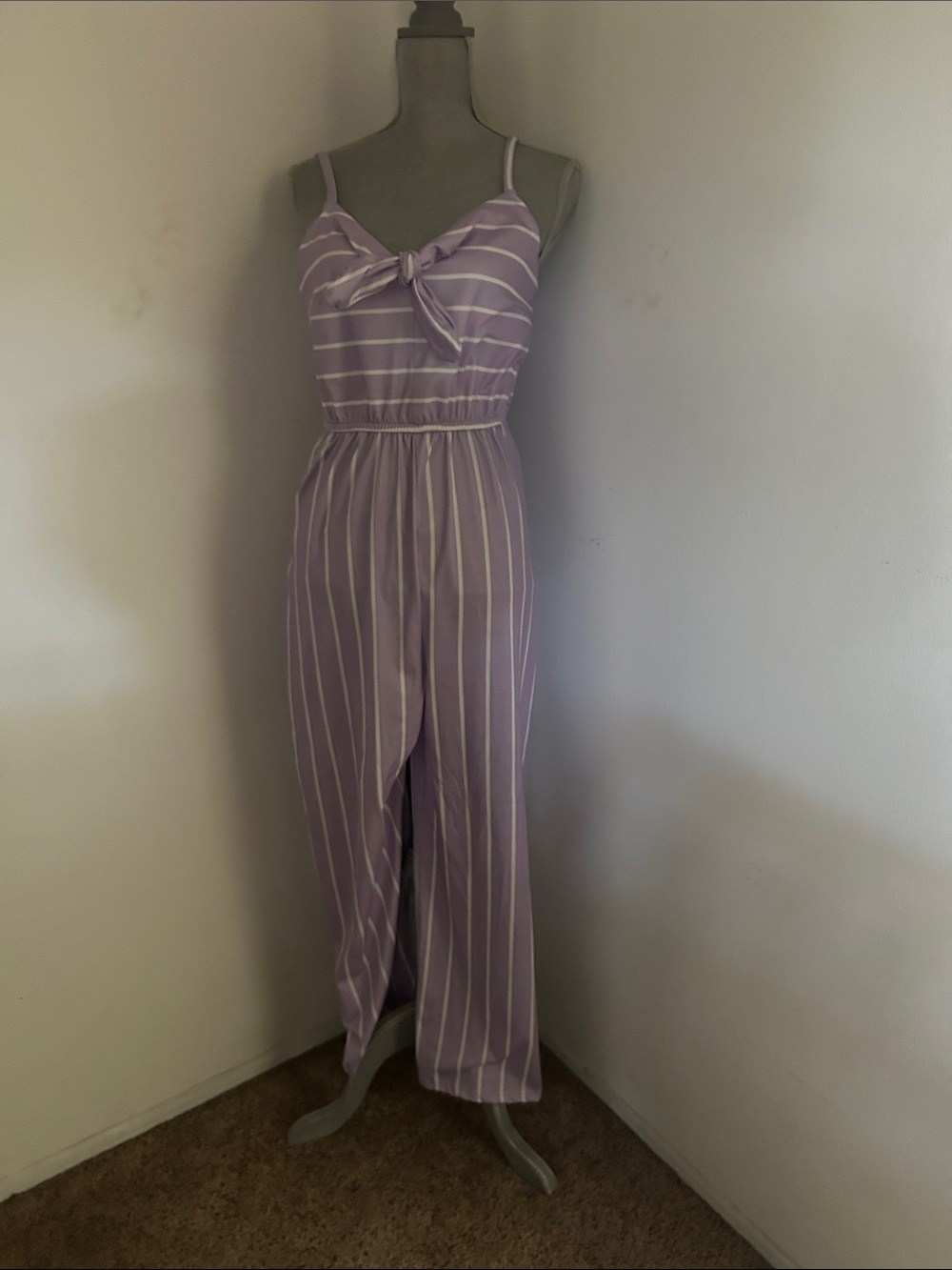 Source Unknown Lavender & White Striped Tie-Front Jumpsuit